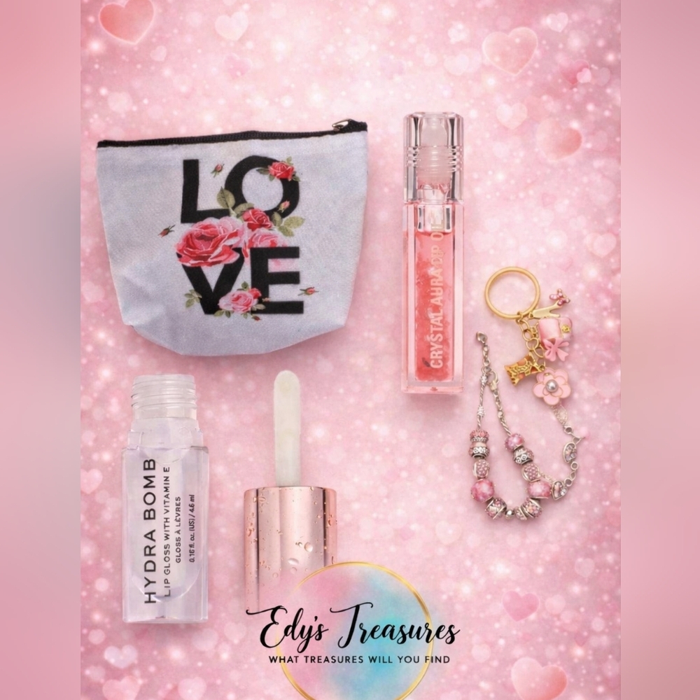 Love Glam Bundle: Makeup Bag with Lip Oil, Gloss, Bracelet & Keychain